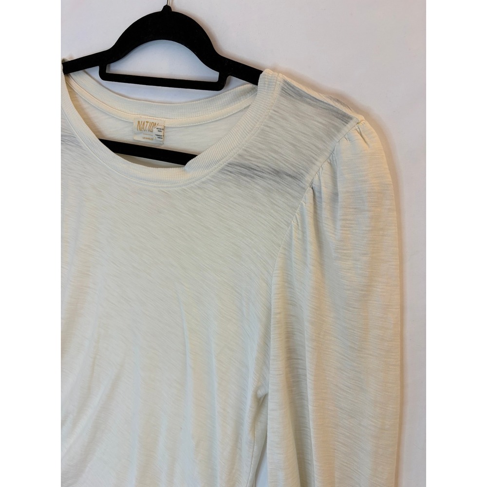 Nation LTD Puff Sleeve Top Medium Womens Off White Smocked Cuffs Pima Semi Sheer - Picture 2 of 6